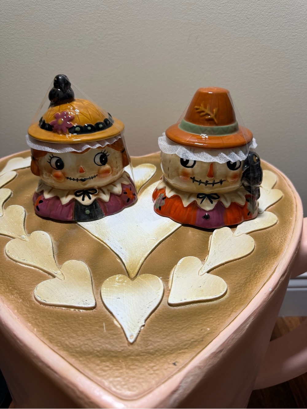 Set of 2 Johanna Parker Fall Girl & Boy Scarecrow Ceramic Lidded Bowls